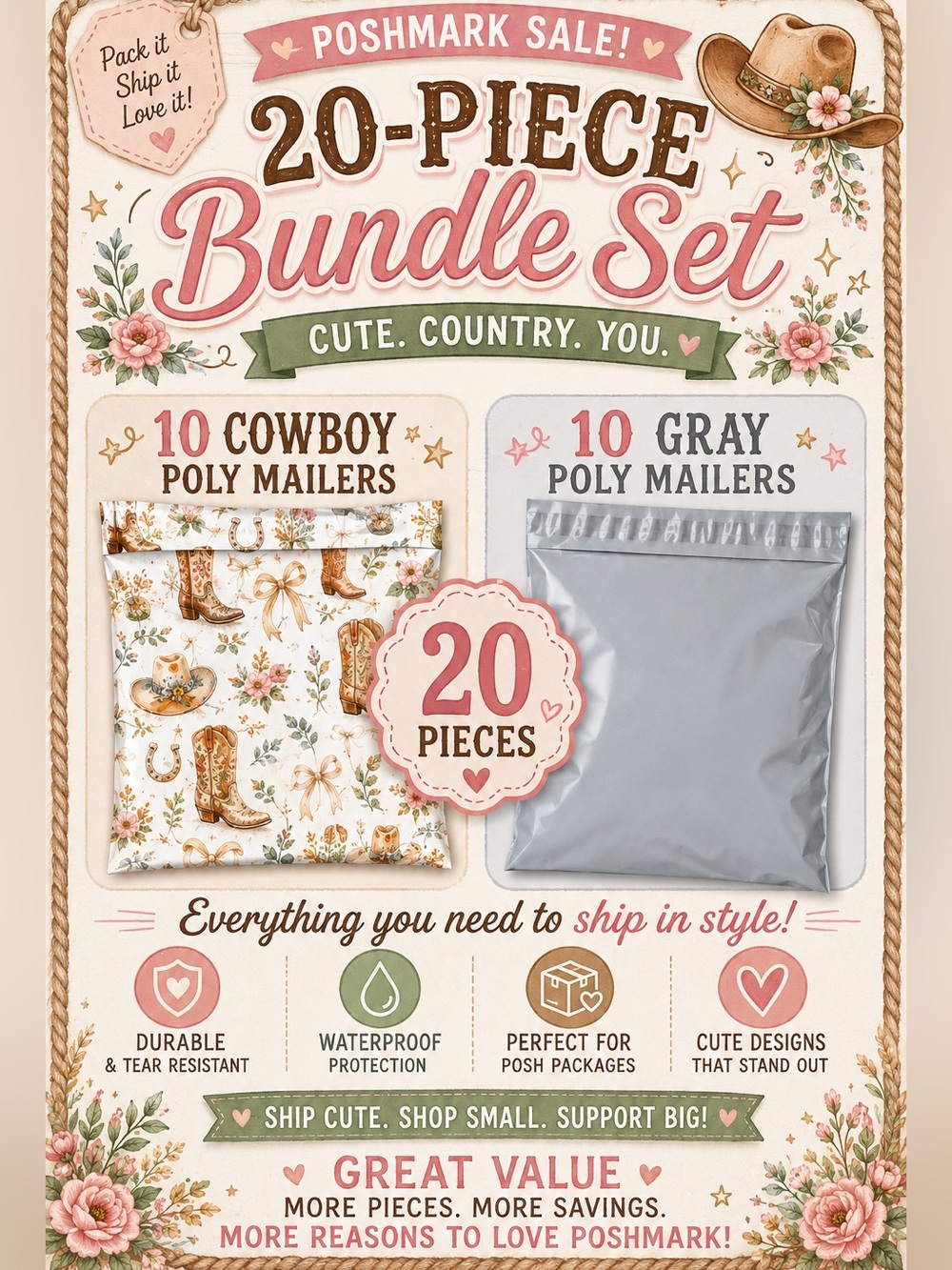 20-Piece Cowboy & Gray Poly Mailer Bundle